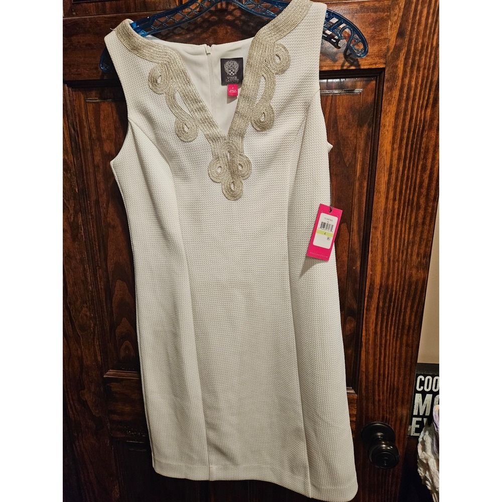 Vince Camuto Ivory Gold Metallic Soutache V-Neck Sheath Dress Size 4 NWT